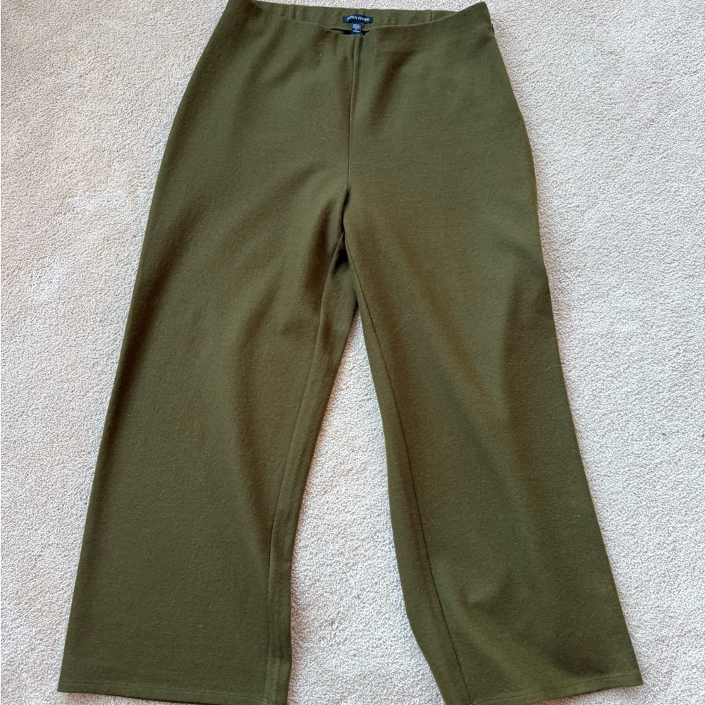 Eileen Fisher Boiled Wool Jersey Khaki Wide Leg Pants - Medium